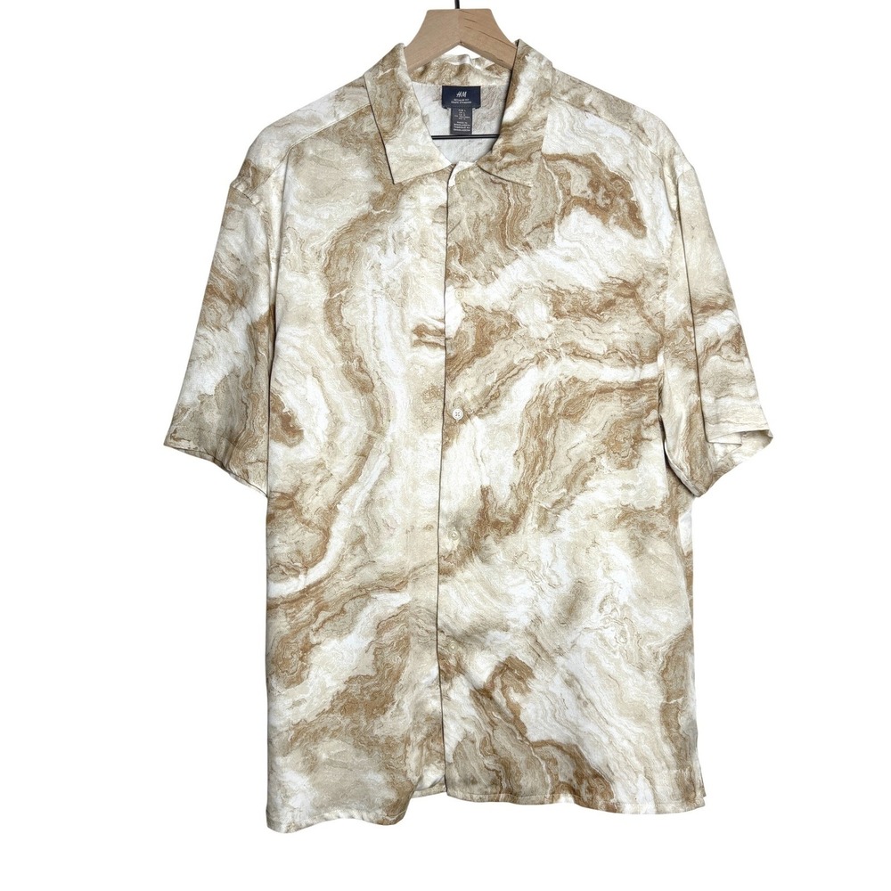 H&M Mens Button Up‎ Shirt L Beige Marble Regular Fit Short Sleeve Resort